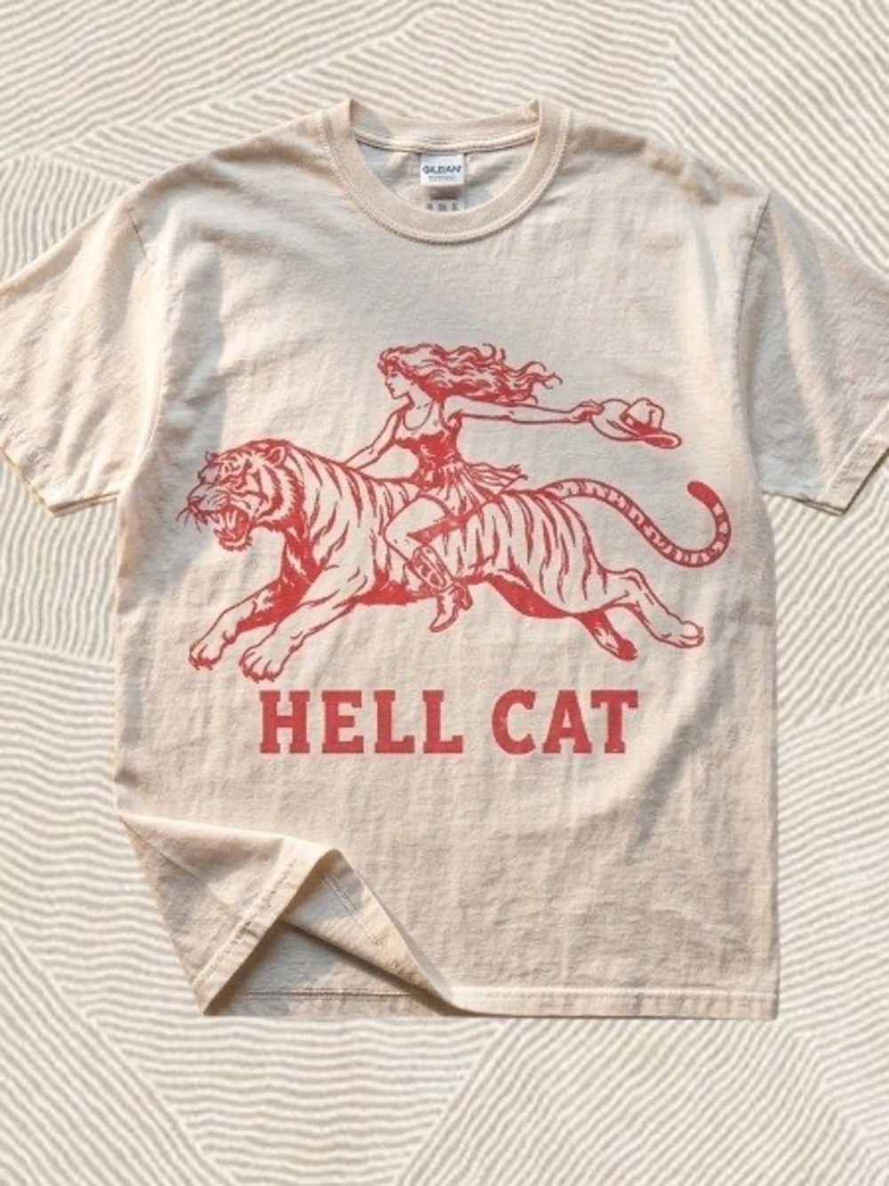 Gildan Hell Cat Graphic Tee - Cream with Red Print